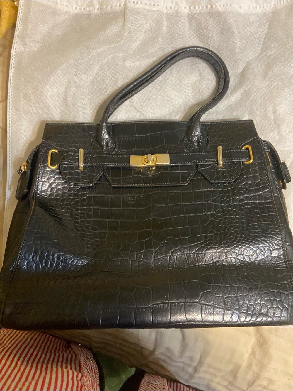 Etienne Aigner Black Croc-Embossed Top-Handle Satchel with Gold Hardware